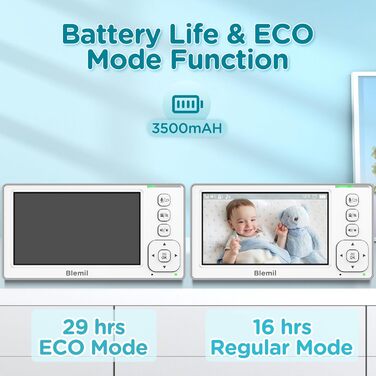 Відеоняня Blemil з 2 камерами, 4.3'' IPS монітором Split-Screen, зумом 2X та акумулятором на 29 годин, функція повороту та нахилу (без Wi-Fi)