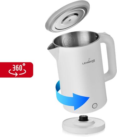 Електричний чайник Lehmann Edelstahl 1.7L, 2200W з подвійними стінками, автоматичне відключення, захист від перегріву, BPA-free, для дитячого харчування, чаю та кави (Білий)