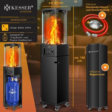 Газовий обігрівач KESSER® 4/8 кВт з п'єзозапалюванням, регулятором тиску газу та захисним кожухом. 360° поворот, захист від перекидання. Підходить для тераси, вулиці, кемпінгу. Чорний колір.