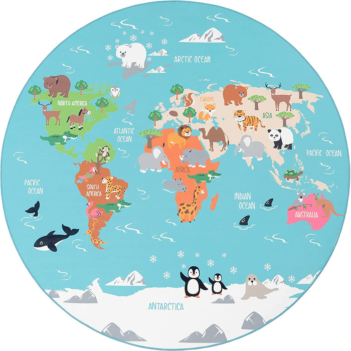 Дитячий килимок Paco Home для дитячої кімнати, ігровий килимок, Карта світу з зображенням тварин протиковзкого бірюзового кольору, Розмір Ø 160 см круглий Ø 160 см круглий Бірюзовий