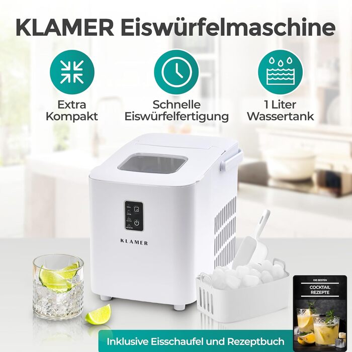 Льодогенератор KLAMER 24 кг/добу, 3 розміри кубиків льоду, 2.2л резервуар, 130W, білий