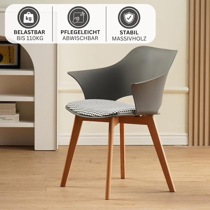 Набір з 4 стільців Albatros для їдальні Aalborg, білий - з масивних букових ніжок, скандинавський ретро-дизайн, зручний стільчик-чаша. Елегантний кухонний стілець, стілець для їдальні до столу білий (сірий)