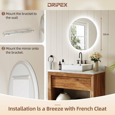 Дзеркало для ванної кімнати Dripex з LED-підсвічуванням, сенсорне керування, регулювання яскравості, 3 кольори світла, антизапар, 80x80 см (кругле, 50x50 см)