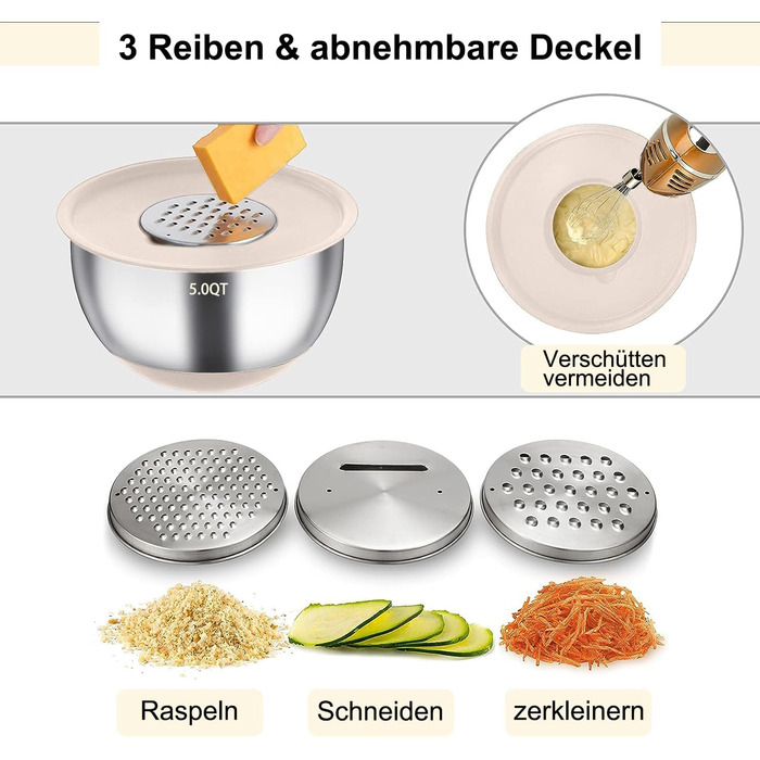 Набір мисок для перемішування (6 шт.) з нержавіючої сталі, набір салатниць з кришкою та силіконовим дном, 3 насадки-тертки, об'єм 4.7л/3.8л/2.8л/1.9л/1.4л/0.6л, неслизькі та стіксові - Хакі