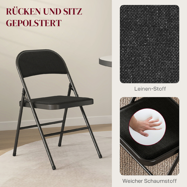 Набір з 2-х розкладних стільців, портативні офісні стільці, металевий каркас, складаний стілець для офісу, рецепції, зони очікування, з текстурою льону, чорного кольору.