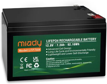 Акумулятор Miady 12V LiFePO4 із захистом BMS, 3000 циклів, не потребує обслуговування для сонячної системи, автофургонів, човнів, кемпінгу (7Ah)