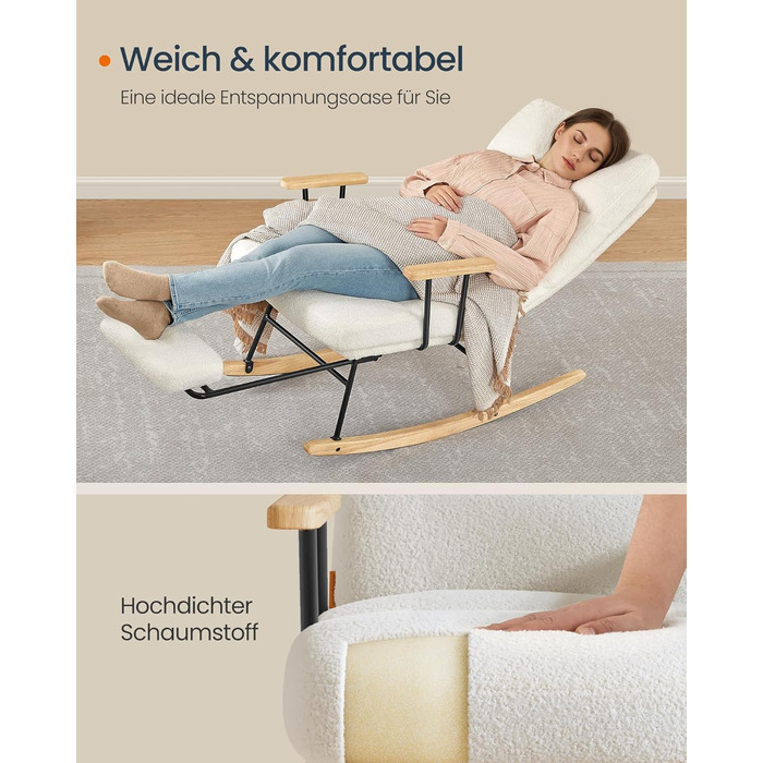 Крісло-гойдалка SONGMICS HOME з дерева каучука, флісова оббивка, регульована спинка, до 160 кг, для спальні/вітальні, LYY016LJ01 (кремовий)