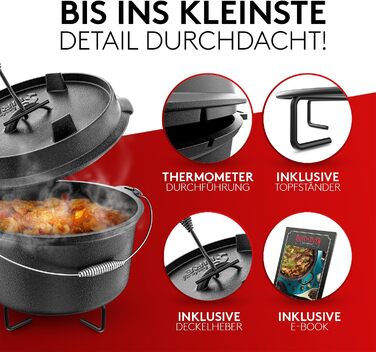 Набір чавунного казана BBQ Dutch Oven [Das Original] 10,8 л з підставкою, кришкою-грилем 2,2 л, піднімачем та електронною книгою