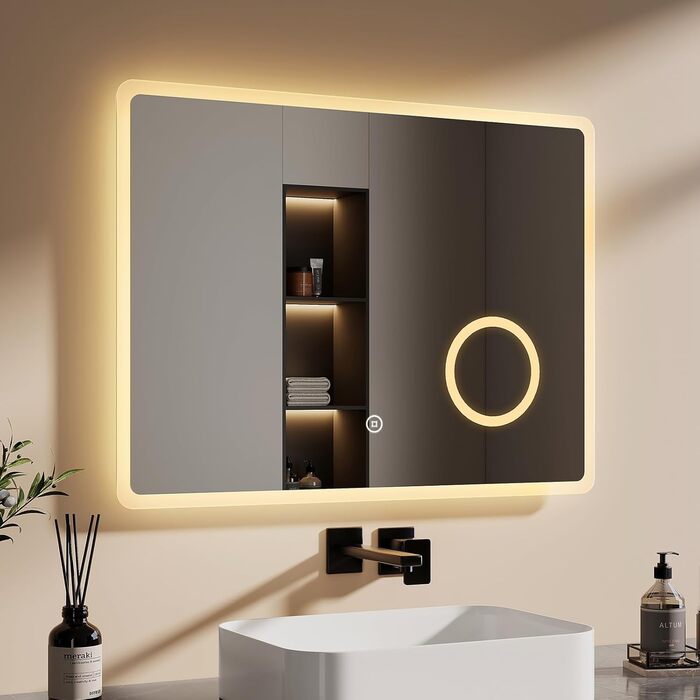 EMKE® LED дзеркало для ванної кімнати 80x60 см з підсвічуванням, сенсорне, регулювання яскравості, протизапотівання, 3 косметичні дзеркала, годинник, IP44