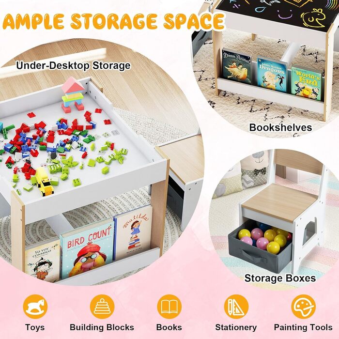 Дитячий стіл LIFEZEAL 3 в 1 з 2 стільцями: стіл для малювання, активностей та їжі. Дитяча меблева група з дерева з місцем для зберігання (колір дерева)