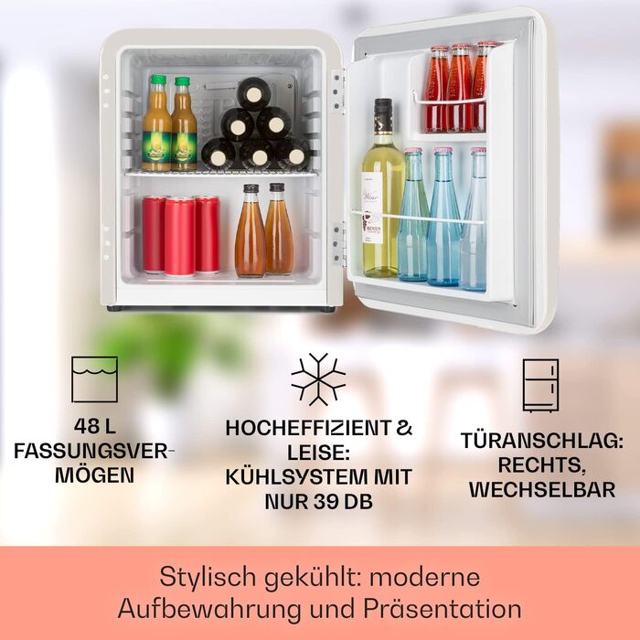 Міні-холодильник Klarstein 48 л, тихий міні-бар для напоїв і косметики, регульована полиця, 0-10C