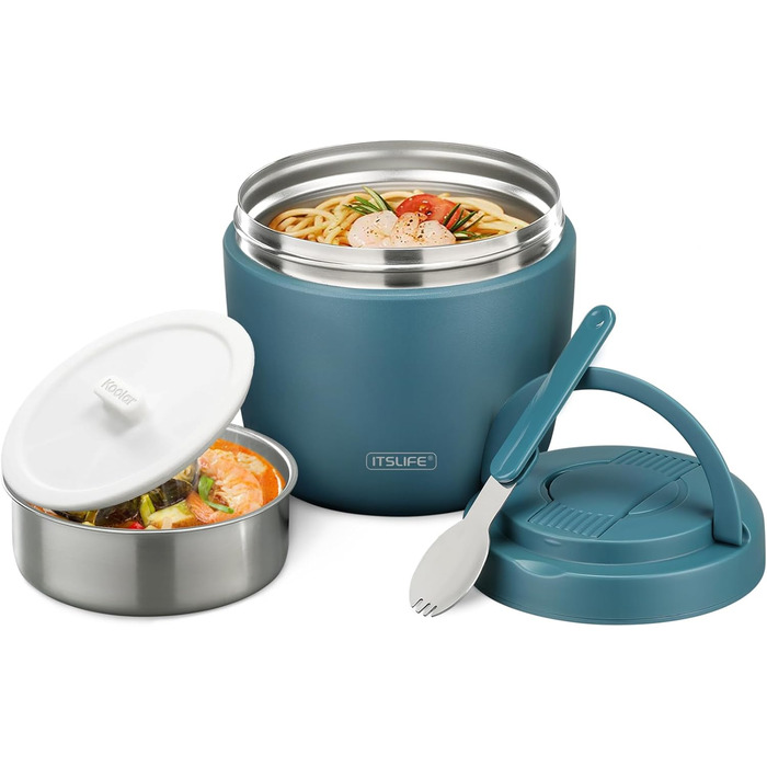 Термоконтейнер для їжі Itslife 970 мл, термоконтейнер з кришкою, з нержавіючої сталі з ложкою, термотермос для їжі, ланч-бокс для супів, дитячого харчування, каші (зелений, світло-блакитний)