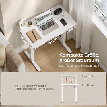 Електричний підйомний стіл WOLTU з функцією пам'яті та захистом від зіткнень, комп'ютерний стіл для дому та офісу, білий, 80 x 48 см