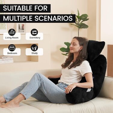 Підкова для читання з підголовником, м'яке спинне крісло з підлокітниками та кишенями для дорослих, зручне ліжко з піною з пам'яті для гуртожитку (Чорний, Преміум Великий)