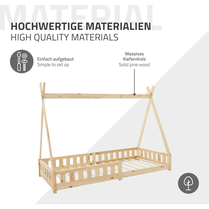 Дитяче ліжко-халапа Tipi ML-Design біле з бортиками та ламелями, з сосни, індіанське ліжко для дівчаток та хлопчиків, ліжко-будиночок з огорожею, ліжко-ігровий будиночок для дітей (90x200 см з матрацом (H: 16 см), натуральне дерево)