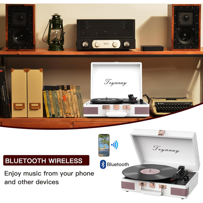 Вініловий програвач Trynnay 3-швидкісний з Bluetooth, портативний програвач у валізі з вбудованими динаміками, покращене аудіо, білий PU-шкіра