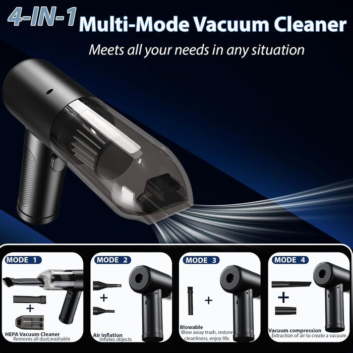 Акумуляторний ручний пилосос NEU 2026 для авто та дому, бездротовий міні-пилосос 28000Па з безщіточним двигуном та функцією самоочищення, 4-в-1, чорний з золотом