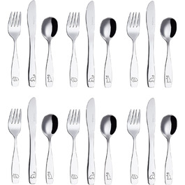 Дитячий набір столових приборів EXZACT Kinderbesteck 18 предметів з нержавіючої сталі - для дітей від 2 років - безпечні ножі, миючі в посудомийній машині, з гравіюванням (динозаври)