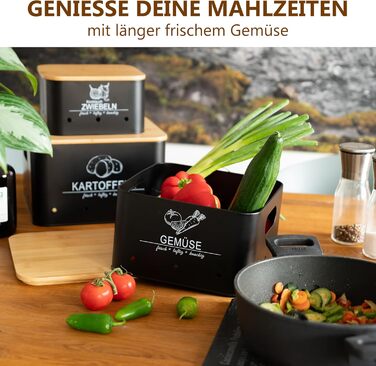 Коробки для зберігання картоплі та овочів MNKsolution (3 шт.) - Чорні контейнери для картоплі, овочів, цибулі та часнику - Органайзер для кухні