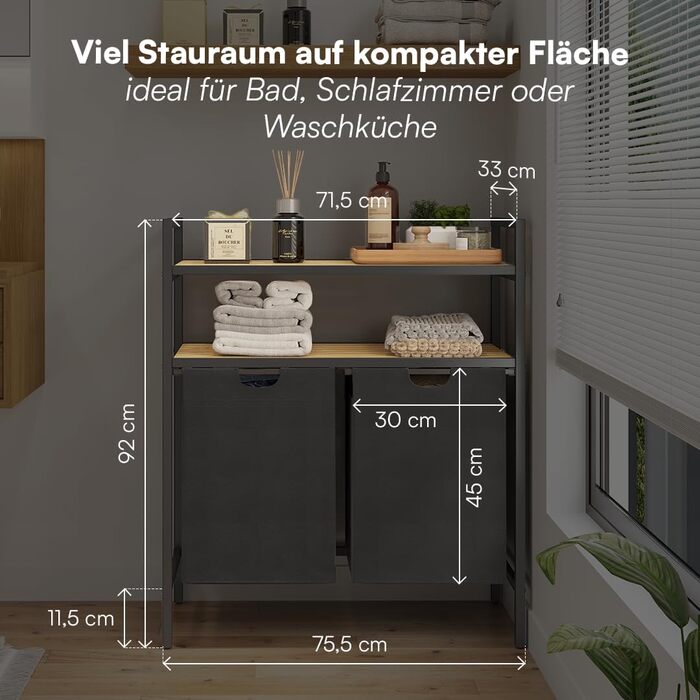 STEELSØN Сортувальник для білизни Rigil з 2 відділеннями та бамбуковою полицею – кошик для білизни на 2 контейнери по 45 л, чорного кольору – металевий сортувальник білизни з висувними мішками – контейнер для брудної білизни з 2 відділеннями та полицею