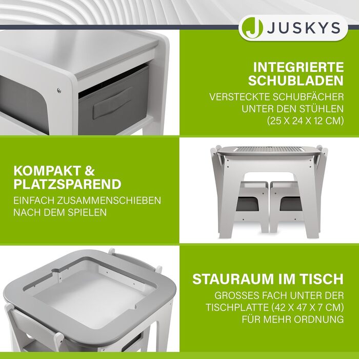 Дитяча меблева група Juskys Milou: стіл та 2 стільці - дерев'яний дитячий столик з місцем для зберігання, сірий колір