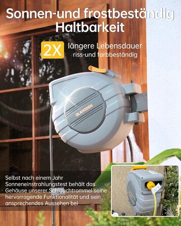 Шланговий барабан GLAHODEN з садовим шлангом 40 м + 2 м, стійкий до сонця та морозу, поворотний на 180°, настінна шланговий бокс з 9-функціональною розпилювальною насадкою