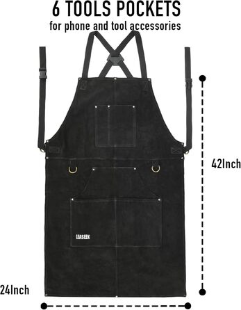 Зварювальний фартух з шкіри LeaSeek, термостійкий та вогнестійкий, з 6 кишенями, 42' (107 см) - великий розмір, для зварювання та грилю, з рукавичками (24'x 36' з рукавичками)