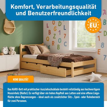 Дитяче ліжко Врубель 90x200 см з 2 шухлядами та ламелями - односпальне ліжко з масиву сосни - ліжко Монтессорі для дітей - ліжко-юніор білого кольору - без матрацу