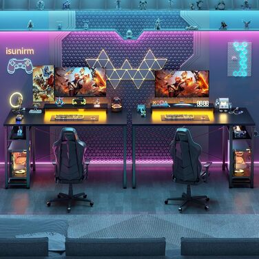 Ігровий стіл з LED підсвічуванням та розетками, стіл для комп'ютера з USB, стіл для ПК з підставкою для монітора, сучасний офісний/письмовий стіл для офісу та ігрової кімнати, чорний