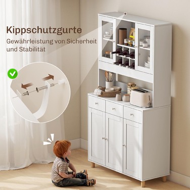 Кухонна шафа 180 см, 2 скляні дверцята, 3 висувні ящики, 4 регульовані полиці, шафа для їдальні, ДСП, білий