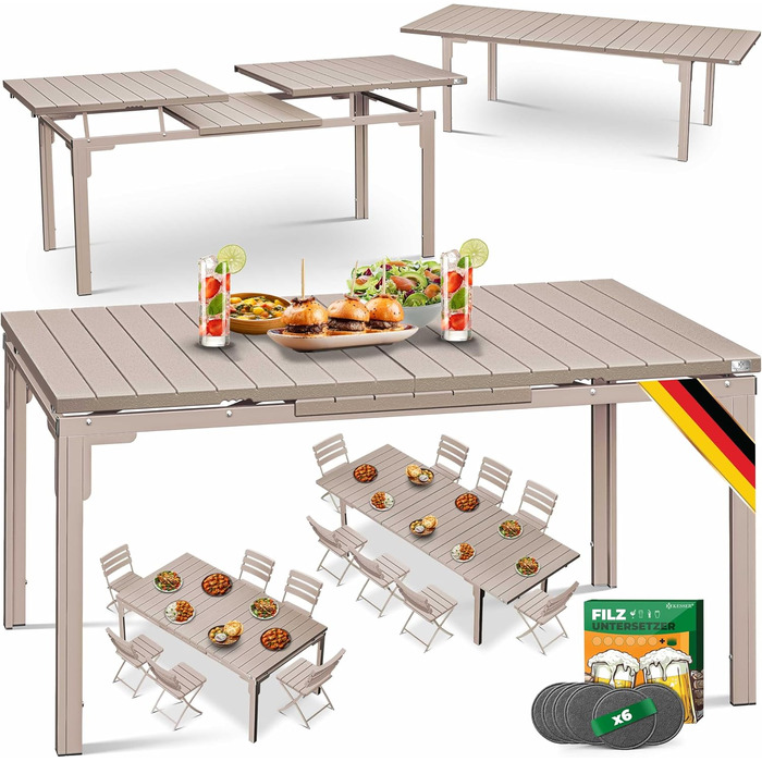 Розсувний садовий стіл KESSER® 180/240x90 см, на 8 осіб, з металевим каркасом та стільницею з HDPE, вологостійкий, UV-стійкий, з 6 підставками