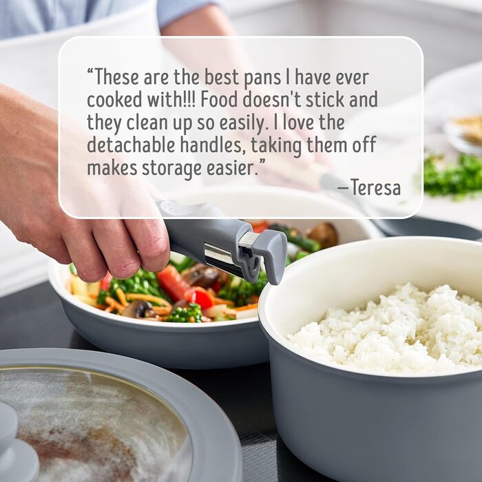 Набір посуду GreenLife 10 предметів з антипригарним покриттям, знімні ручки, складаний посуд, антитоксичні, без PFAS сковороди, індукційні каструлі та сковороди, економія місця, сервіровочні миски (Сірий (Графіт//Nature's Delight))