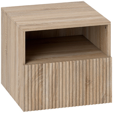 Приліжкова тумбочка з мінімалістичним дизайном без ручок, з відкритою полицею та висувним ящиком, для кріплення до стіни, у світло-коричневому кольорі.