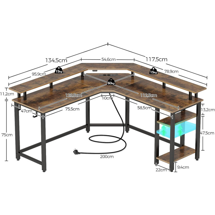 Комп'ютерний стіл Rolanstar L-подібний з RGB підсвічуванням та розетками, геймінговий стіл з полицею та 2 гачками, для офісу, робочого кабінету, спальні (117см) (Вінтажний коричневий, 137 x 77 x 87 см)