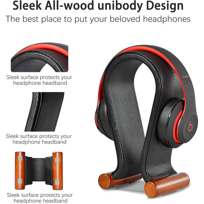 Підставка для навушників SAMDI з дерева та шкіри, універсальна, для геймінгу, дому, офісу (чорний)