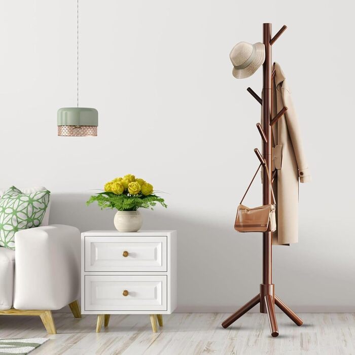 Дерев'яна вішалка для одягу Bayt - 175 см, 8 гачків, регульована висота, коричнева