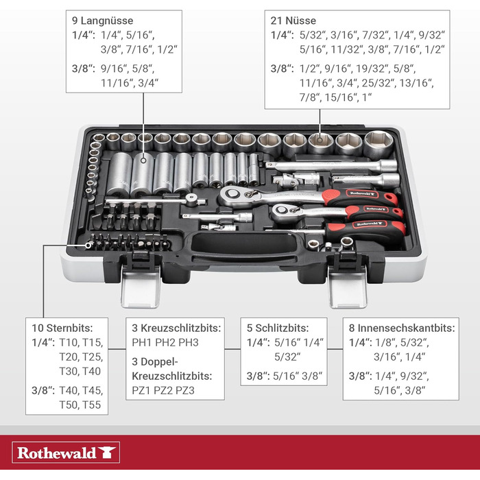 Набір інструментів Zoll 92 частини, з висувними бітотримачами для дюймових біт, тріскачкою з дрібним зубом, сталь Cr-V сіро-червоний