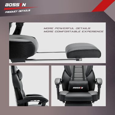 Крісло ігрове Bossin Racing Style для офісу та комп'ютерного столу з підніжкою та підголівником сірого та чорного кольору