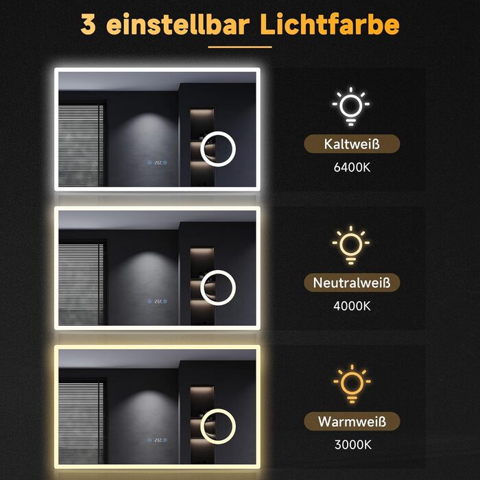 Дзеркало для ванної кімнати SONNI з підсвічуванням 80x60 см, 3 кольори світла, проти запотівання, LED, сенсорне управління, годинник, температура, 3x збільшення