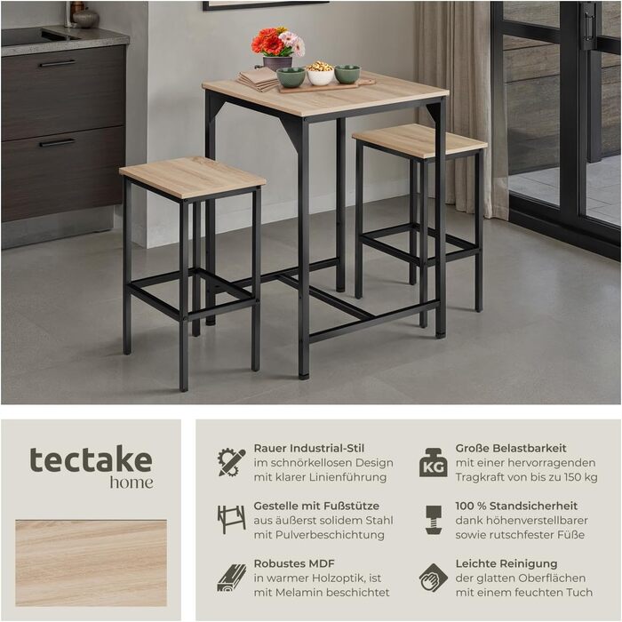 Набір барних меблів tectake® (стіл + 2 стільці) Industrial Style, світле дерево (Eiche Sonoma)