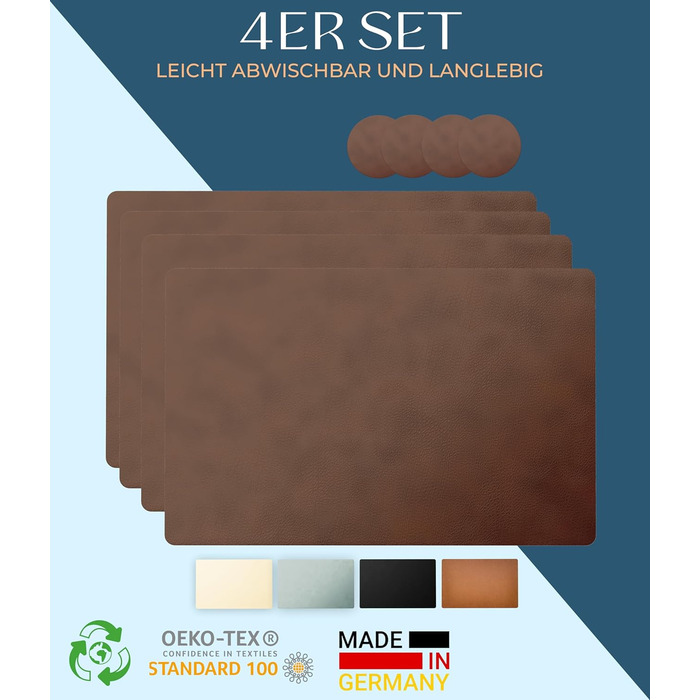Набори серветок на стіл, 4 шт. – екологічні, стабільні та неслизькі – з високоякісної переробленої шкіри, Made in Germany (Темно-коричневі)