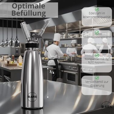 Дозатор для збитої вершкової пінки B-ARS з нержавіючої сталі 1л з аксесуарами: насадки для декорування, голка для інжекцій, щітка для чищення, сумка для зберігання та електронна книга з рецептами