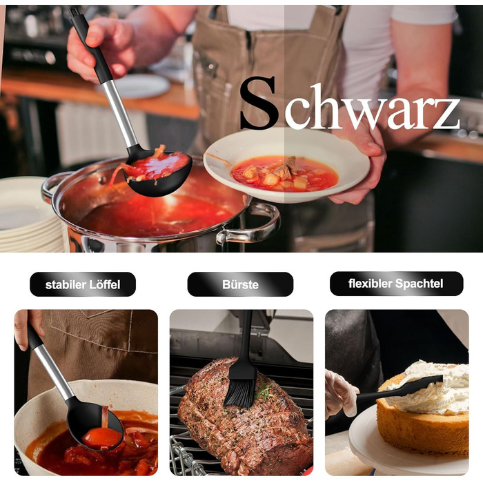 Набір кухонних помічників, 26 предметів: силіконове кухонне приладдя, посуд, стійкий до нагрівання, з тримачем, антипригарний, з нержавіючою ручкою, придатний для миття в посудомийній машині (чорний)