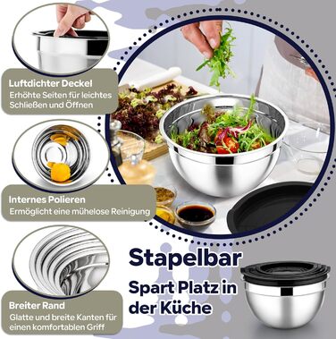 Набір місок HaWare 7 шт. з нержавіючої сталі з кришкою, 6.5-0.7L, чорний, для приготування їжі, миття в посудомийній машині