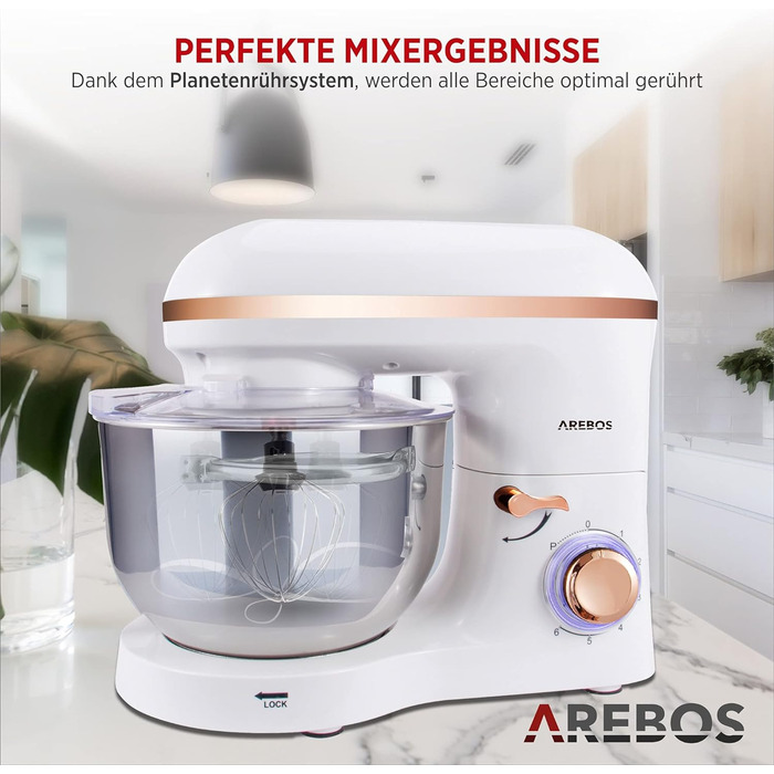 Кухонна машина Arebos 1500W з чашею 6L з нержавіючої сталі | Змішувач, гак для тіста, вінчик | Кришка-розбризкувач | 6 швидкостей | Кухонний комбайн | Машина для тіста (Біла)