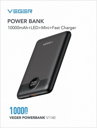 Вт, 10000 мАг, тонкий USB-C зі світлодіодом, сумісний з iPhone/Samsung/Huawei (чорний), 22,5