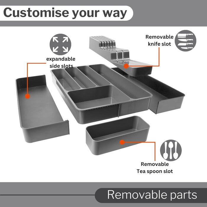 Органайзер для столових приборів nuovva - Регульований лоток для посуду в шухлядах - Розширюваний тримач для столових приборів - Компактний роздільник для ножів, виделок і ложок - Темно-сірий роздільник для столових приборів
