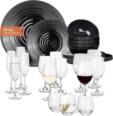 Набір посуду для кемпінгу Melamin 4 особи Stone + 4 чашки Stone (12 предметів + 16 склянок, чорний)