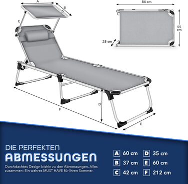 Сонячне ліжко Tillvex® з дахом та подушкою для голови | Садове ліжко, розкладний шезлонг | Пляжне ліжко з регульованою спинкою | Алюмінієве ліжко (Базовий рівень, сірий)