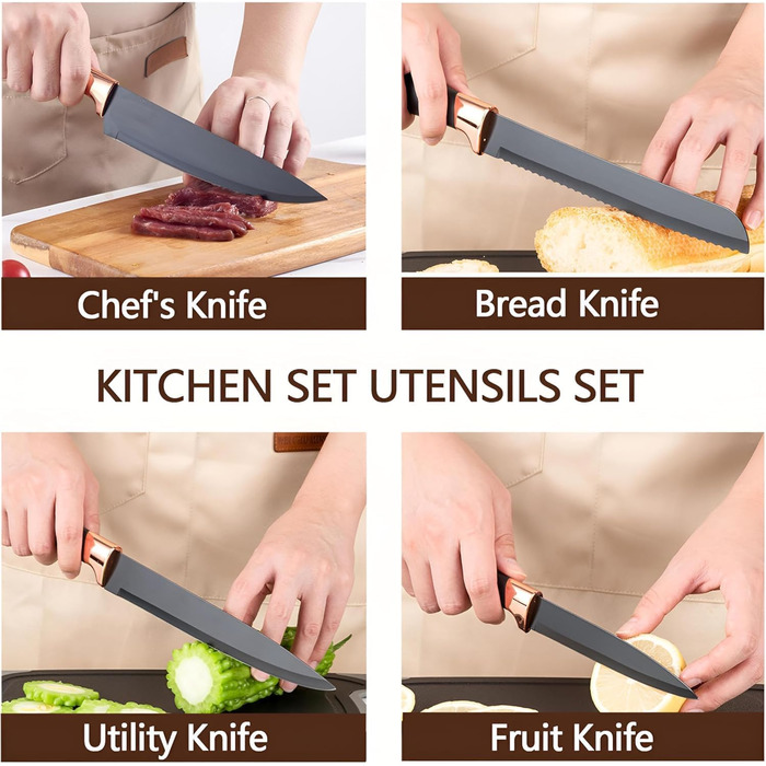 Набір кухонних ножів 19 в 1 з блоком, аксесуари для кухні та набір кухонних ножів, включає 11 шт. силіконових кухонних аксесуарів, 5 шт. гострих ножів з нержавіючої сталі, ножиці та дошку для нарізання (чорний)
